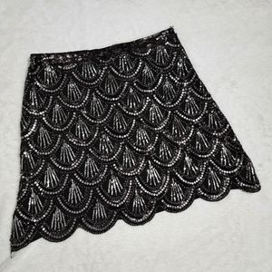 Blue Rain Black scallops A-line mini skirt shiny beads Size S